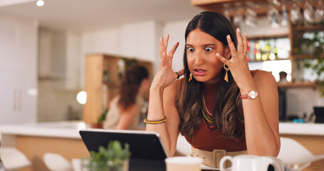 Woman, angry and stress with laptop in coffee shop with remote work for copywriting, glitch and error. Computer, person and cafe with mistake, virus or 404 for freelance content creation on website