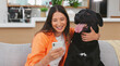 Happy woman, dog and phone in home living room on sofa for care, hug and friends relax together. Couch, smartphone and person with pet animal bonding on social media, internet app and typing online