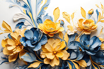 Wall Mural - Marble abstract background with yellow and blue flowers. Acrylic paint. Decoration for wallpaper desktop, poster, cover booklet