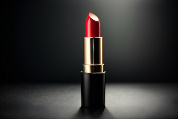 Red lipstick on dark background. Makeup and beauty product. Commercial promotional photo