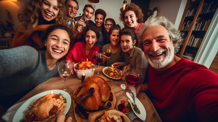 Group of friends having dinner together at home. Cheerful men and women taking selfie on mobile phone. Photo of big family sit feast dishes table around roasted turkey.