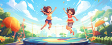 Two Happy Kids Friends Jumping Happy And Excited Playing On A Trampoline Amusement Park Cartoon Illustration Style For Active Fun Joy Time Of Children And Active Play