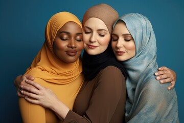 Wall Mural - Three beautiful Muslim girls snuggle up to each other