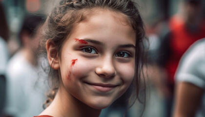 Wall Mural - A cheerful girl with a toothy smile enjoys face paint outdoors generated by AI