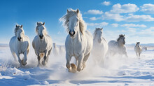 White Horses Run Gallop On Snow In Winter Landscape With Blue Sky
