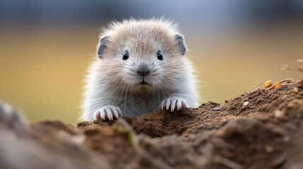 Wall Mural - Hamster, mouse, lemming, rat on a hole in the ground. Close-up.