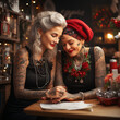 2 older women with tattoo at home