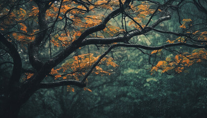 Poster - In the spooky forest, yellow leaves fall on dark branches generated by AI