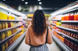 Compra de Comestibles: Mujer Joven en la Sección de Bebidas de un Supermercado