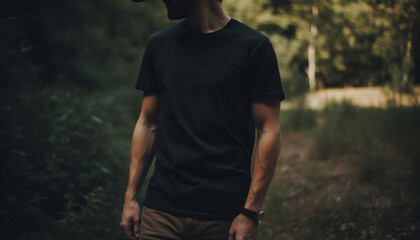 Canvas Print - One man walking on footpath through green forest, enjoying nature generated by AI