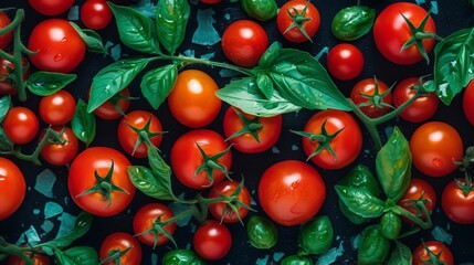 Wall Mural - Fresh tomatoes and basil - food pattern. Cooking background. Food cooking concept. Vegetables concept