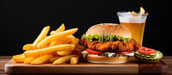 Wall Mural - A crispy chicken burger with fries and a soft drink displayed in a stock image