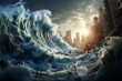 After asteoird deep impact, great tsunami destroy a city