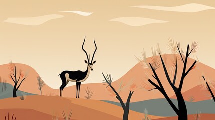 Poster -  a deer standing in the middle of a desert with trees in the foreground and a sky in the background.  generative ai