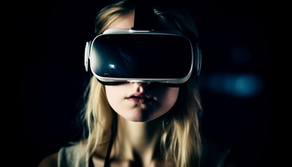 Wall Mural - A young adult woman enjoys futuristic virtual reality simulator games generated by AI