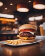 hamburger and fried potato at fast food court 
