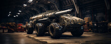 Modern Futuristic Military Tank With Cannon Parked Inside A Military Hangar.