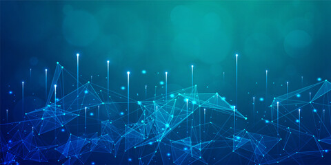 Digital technology internet network speed connection blue green background, cyber nano information, abstract communication, innovation future tech data, Ai big data lines dots, illustration vector 3d