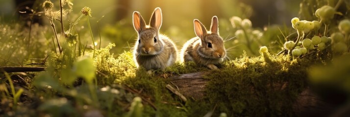 Poster - A couple of rabbits sitting on top of a lush green field. Generative AI.