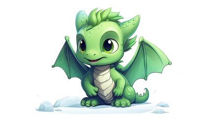 Sticker -  a small green dragon sitting on top of a pile of snow next to a pile of snow on the ground.  generative ai