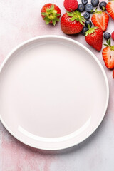 Wall Mural - Empty plate with fresh berries on bright background, top view, copy space.