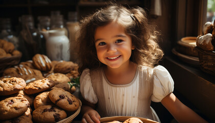 Wall Mural - Smiling girl enjoys homemade cookie, happiness in childhood captured generated by AI