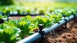 Close up of a water efficient drip irrigation system in an organic salad garden 