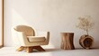 Fabric lounge chair and wood stump side table against beige stucco wall with copy space Rustic minimalist home interior design of