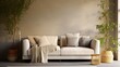 Fabric sofa with grey pillow and blanket against stucco wall Wabisabi home interior design of modern living room 