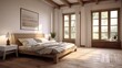 © Fred - Farmhouse interior design of modern bedroom with hardwood floor Created with generative AI