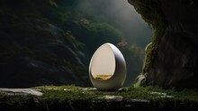  An Egg Shaped Sculpture Sitting On Top Of A Moss Covered Ground Next To A Rock Formation In The Middle Of A Forest.  Generative Ai