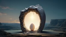  An Egg Is In The Middle Of A Hole In The Ground, With A Mountain In The Background And The Sun Shining Through The Hole.  Generative Ai