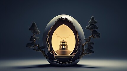 Wall Mural -  an egg shaped like a lighthouse in the middle of a forest with a light at the end of the egg.  generative ai