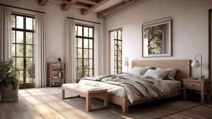 Wall Mural - Farmhouse interior design of modern bedroom with hardwood floor Created with generative AI 