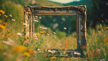 Abandoned Old Window Frames Wildflower Elegance In Tranquil Sunset Generated By AI
