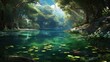  a painting of a river in the middle of a forest with lily pads floating on the water and trees in the background.  generative ai