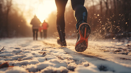 People Running in Snowy Sunset Blur During Winter Season, Weight Loss And Fitness After Festivities. Running Background. Generative AI