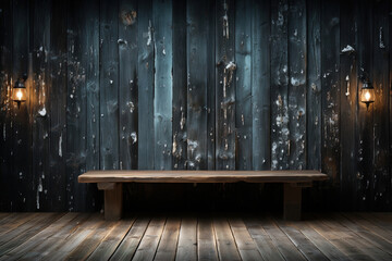 A wooden bench sitting in front of a wooden wall, two lights.