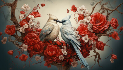 Canvas Print - Greeting card with a couple of white birds, a heart and an arrow for Valentine's day