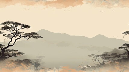 Wall Mural -  a painting of a mountain range with trees in the foreground and a foggy sky in the back ground.  generative ai