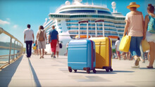 Yellow and blue suitcases stand in port as they are loading=