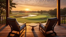 Wooden Veranda At A Resort With Two Armchairs And Tranquil Sunrise View Over The Golf Course 