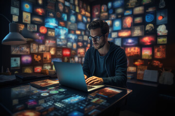 A visionary social media manager creates engaging content for a brand, emphasizing the role of digital marketing in contemporary business. Generative Ai.