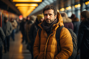 Canvas Print - Migrants waiting in long lines for immigration clearance at an international airport. Concept of international travel and migration. Generative Ai.