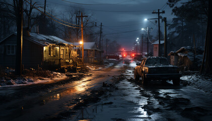 Poster - Night car drives through snowy winter, traffic in dark dusk generated by AI