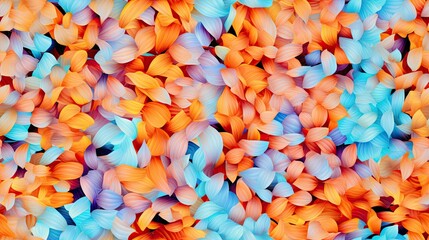 Poster -  a large group of multicolored leaves are arranged in the shape of a pattern on a blue, orange, and pink background.  generative ai