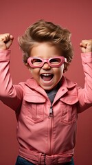 Wall Mural - Portrait of little kid boy over pink background showing tongue. Funny little power super hero kid showing muscles. People portrait illustration. Generative AI