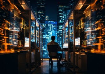 Engineer IT silhouette in big database server center in office. Ultra high speed data server transfer. Technology science background concept