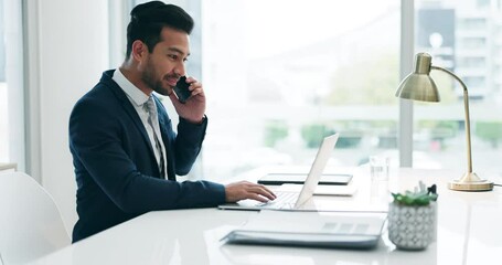 Poster - Phone call, laptop and business man in office for planning, discussion and communication. Corporate worker, technology and male person speaking on computer for contact, network and conversation