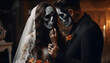 © disamirr - Bride and groom with sugar skull makeup, couple in love in Halloween style. The concept of carnival, Mexican holiday of the dead, masquerade. Design for banner, cards, posters. AI generated.